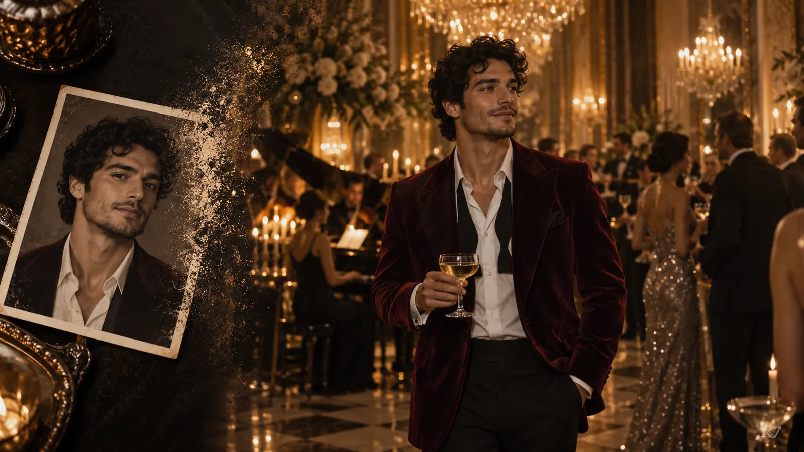 A fictional character’s portrait opens into a warm, chandelier-lit party scene.